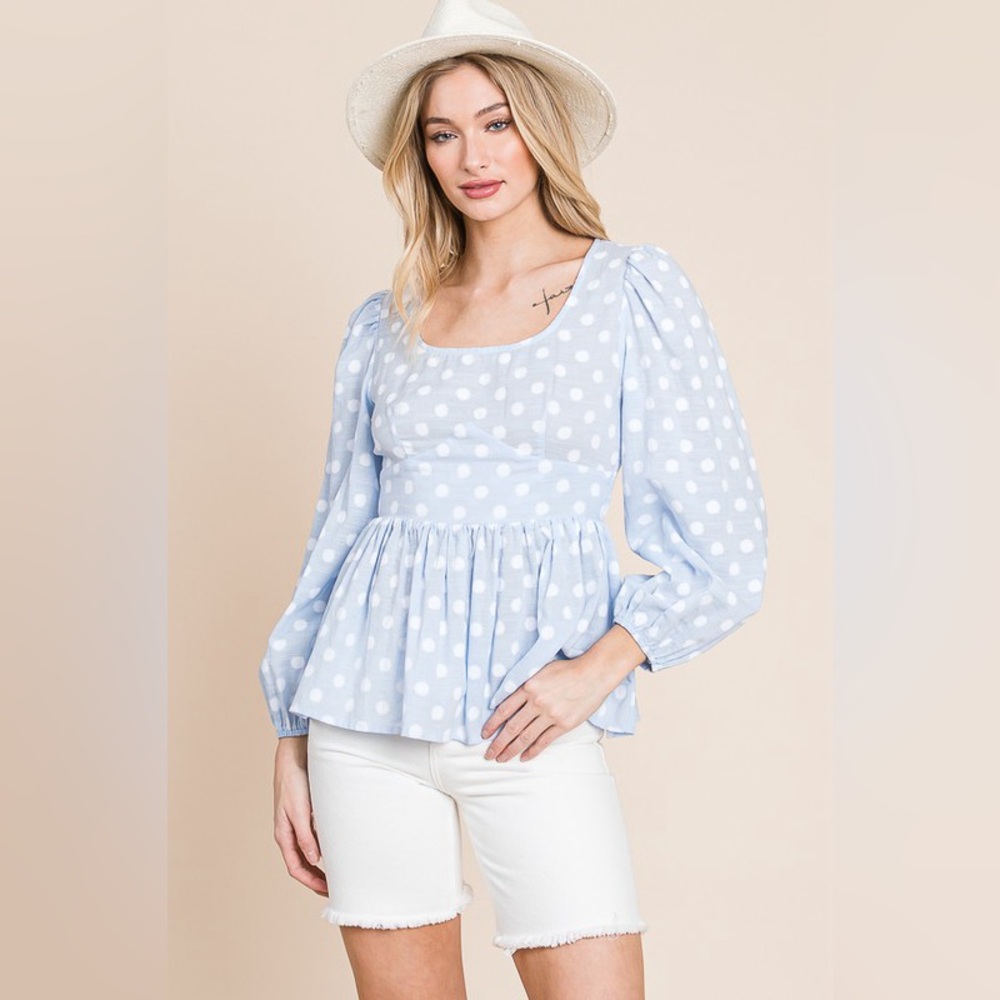 Lime 'N' Chili Polka Dot Print Balloon Sleeve Babydoll Peplum Top